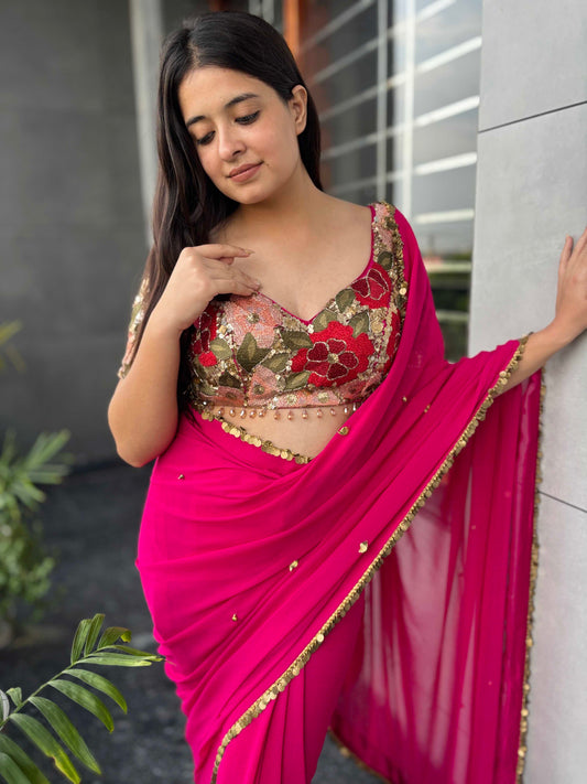 Rani Pink Georgette Saree with Floral Blouse & Golden Lace Border