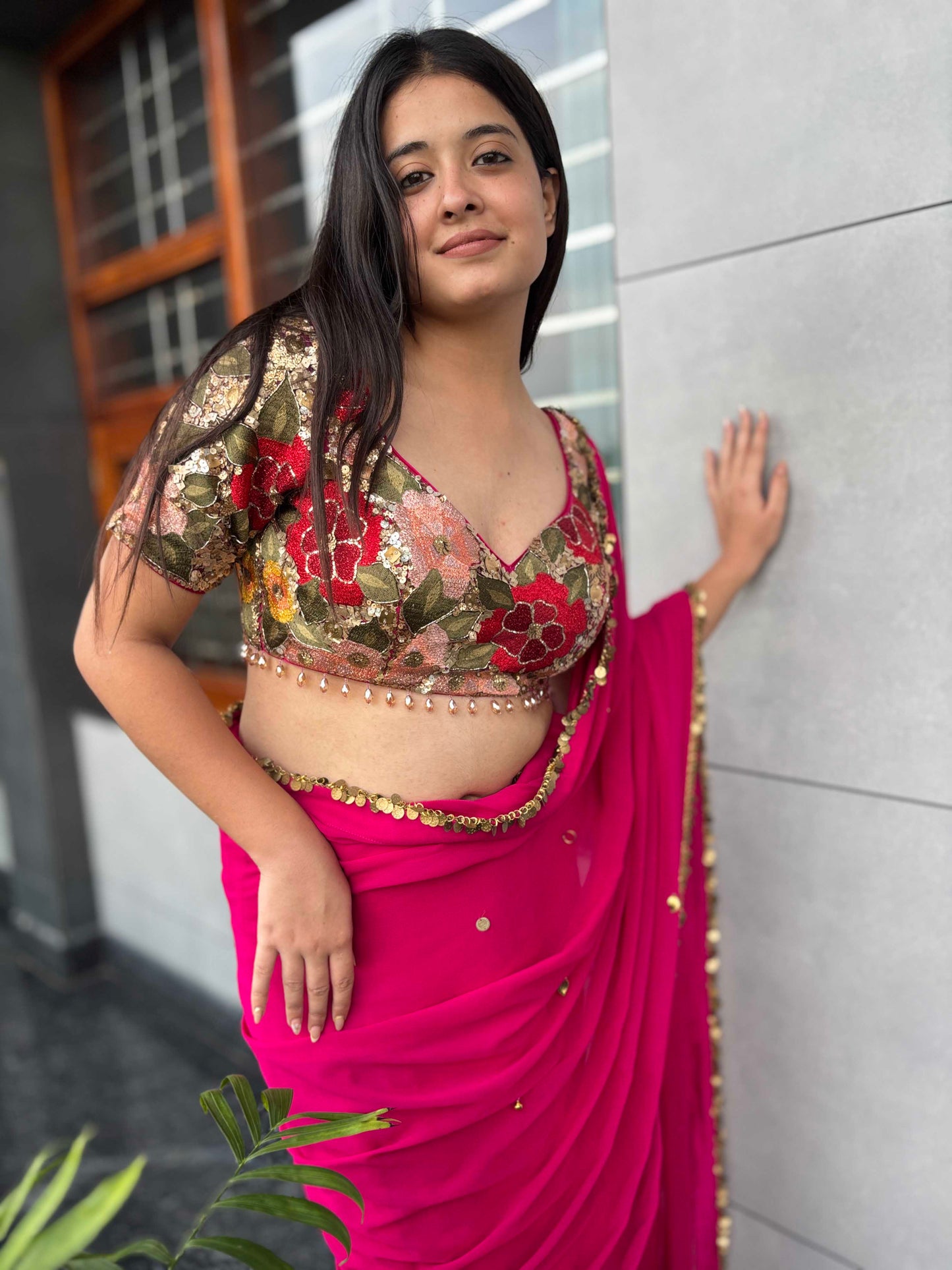 Rani Pink Georgette Saree with Floral Blouse & Golden Lace Border