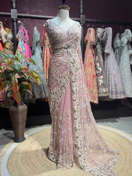 Blush Pink Rose Embroidered Net Saree with Designer Blouse