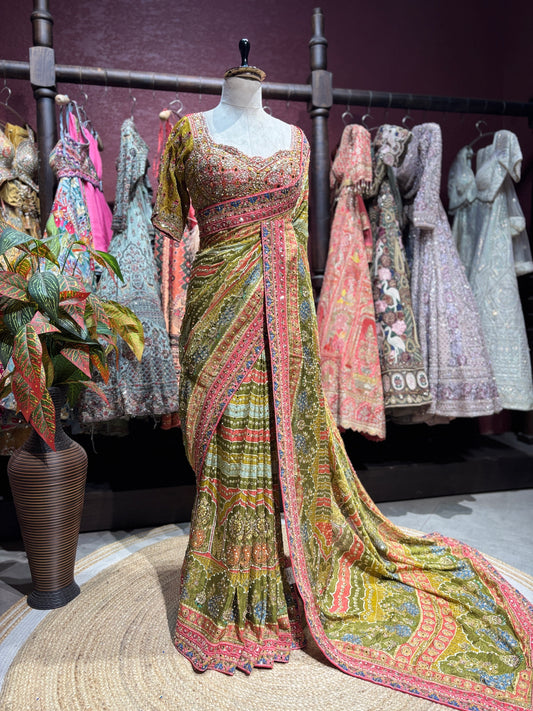 Olive Green Embroidered Designer Saree with Heavy Blouse