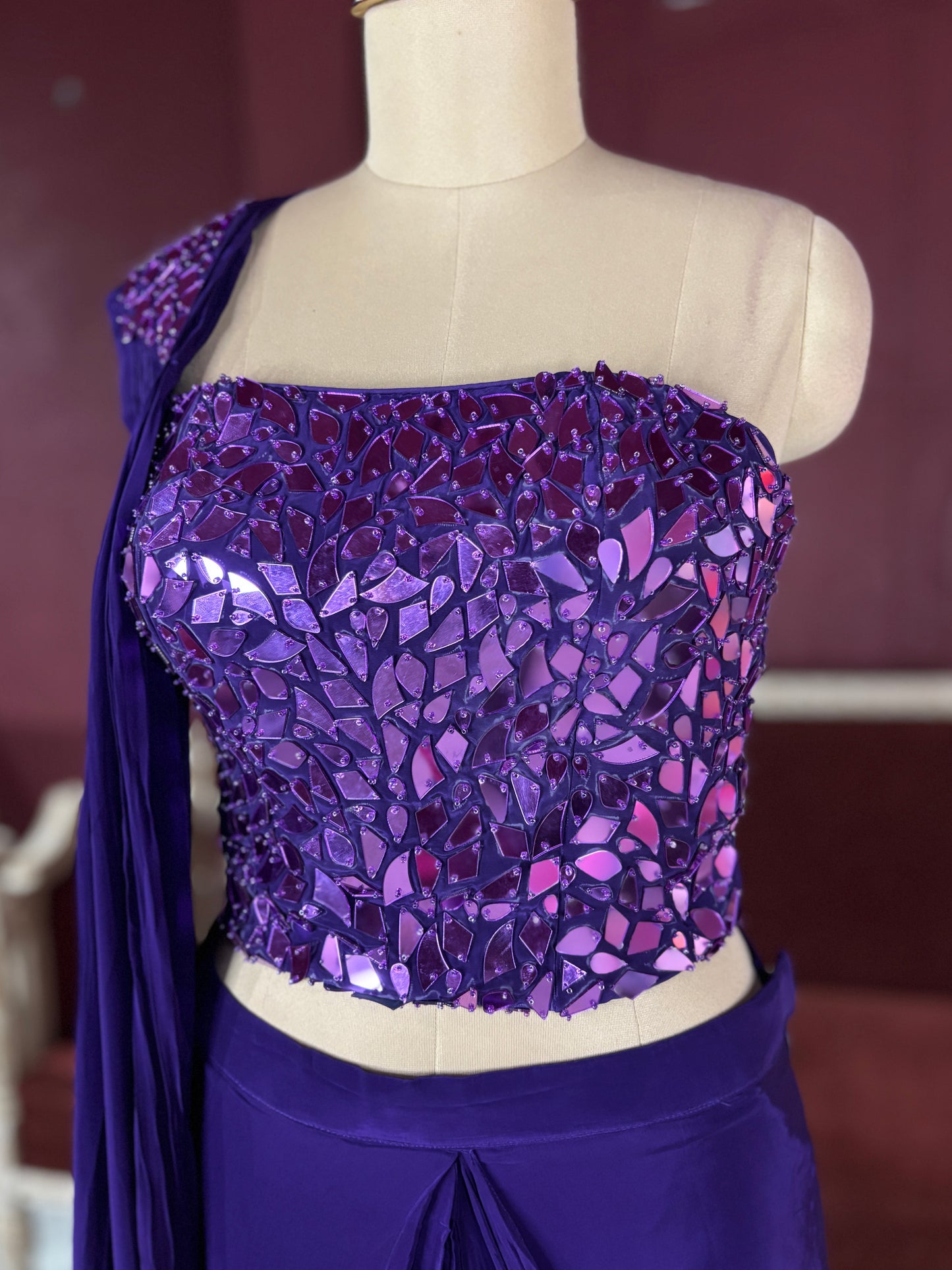 Purple Designer Drape Saree with Mirror Work