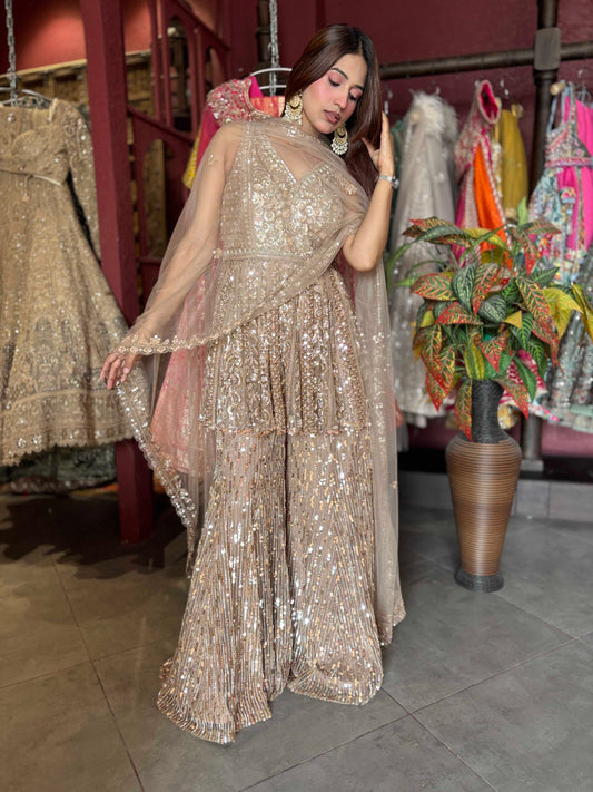 Champagne Gold Sequin Embellished Peplum Sharara Set with Dupatta