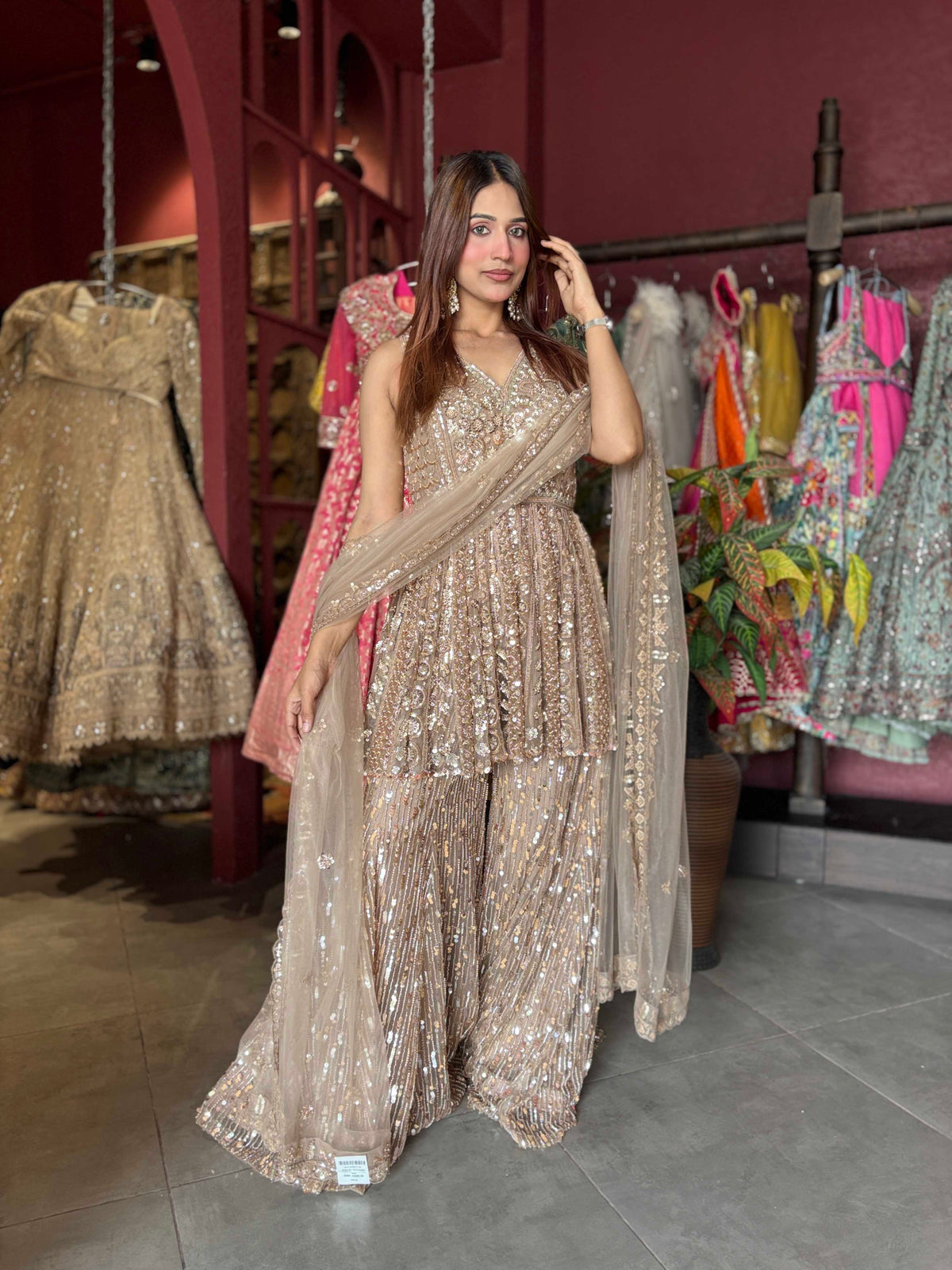 Champagne Gold Sequin Embellished Peplum Sharara Set with Dupatta