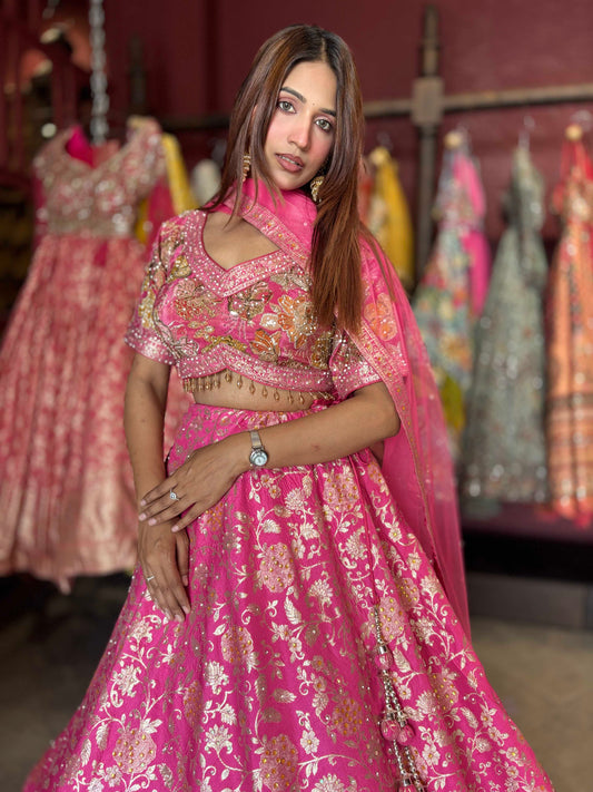 Rani Pink Gold Floral Embroidered Designer Lehenga with Dupatta