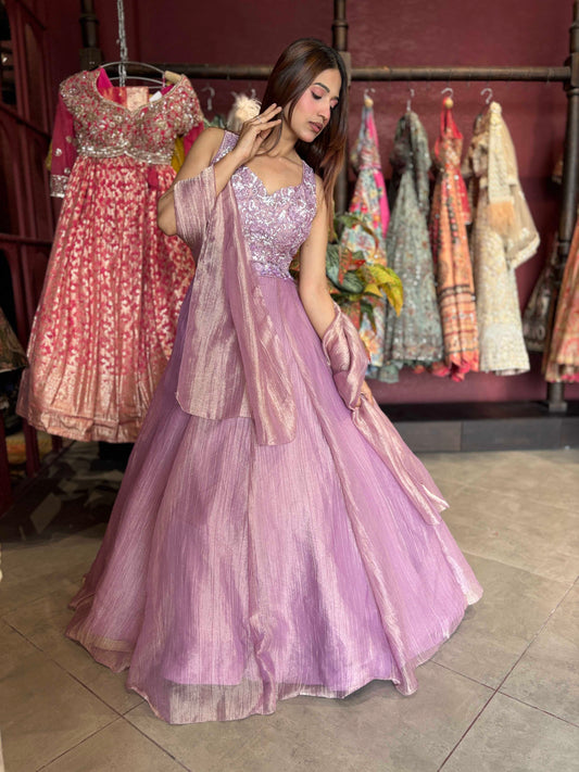 Lavender Shimmer Designer Lehenga with Embellished Blouse & Dupatta