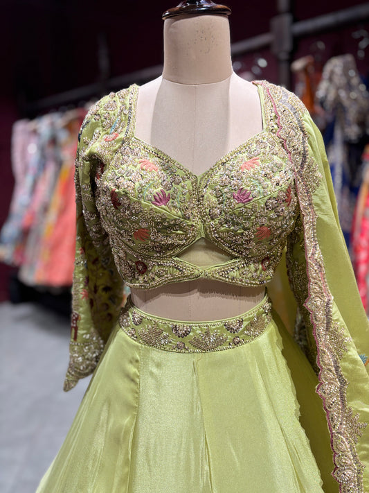 Pistachio Green Embroidered Bridal Lehenga with Floral & Bird Motifs