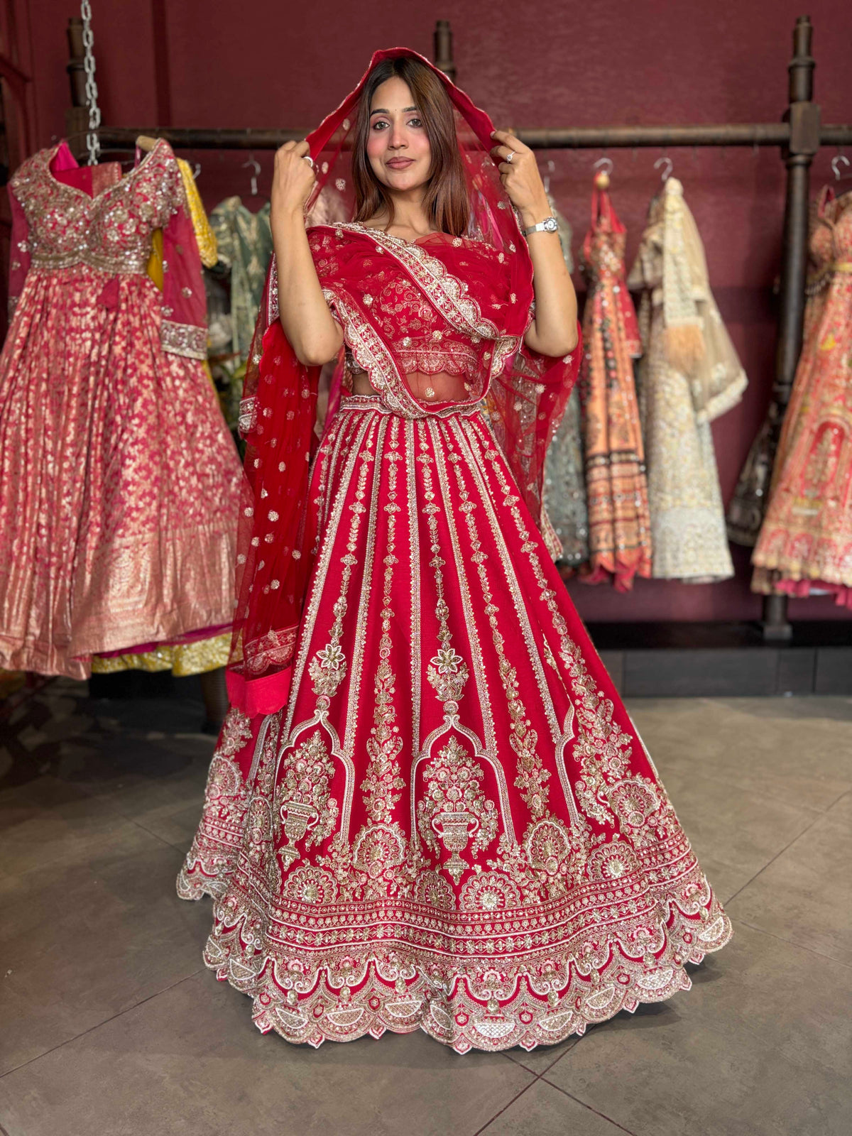 Deep Red Bridal Lehenga with Heavy Gold Embroidery & Dupatta
