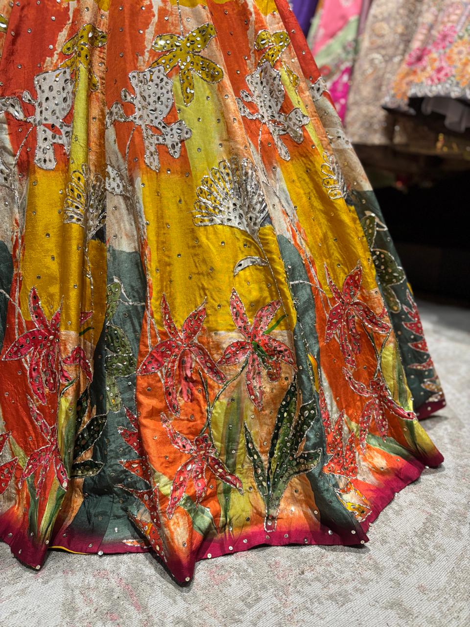 Multicolour Yellow Printed Designer Lehenga Set