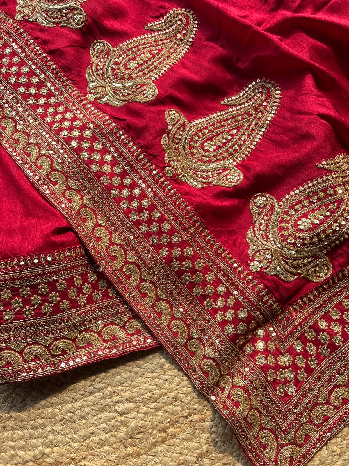 Designer Saree with Intricate Golden Paisley Embroidery, Shimmering Sequin Work