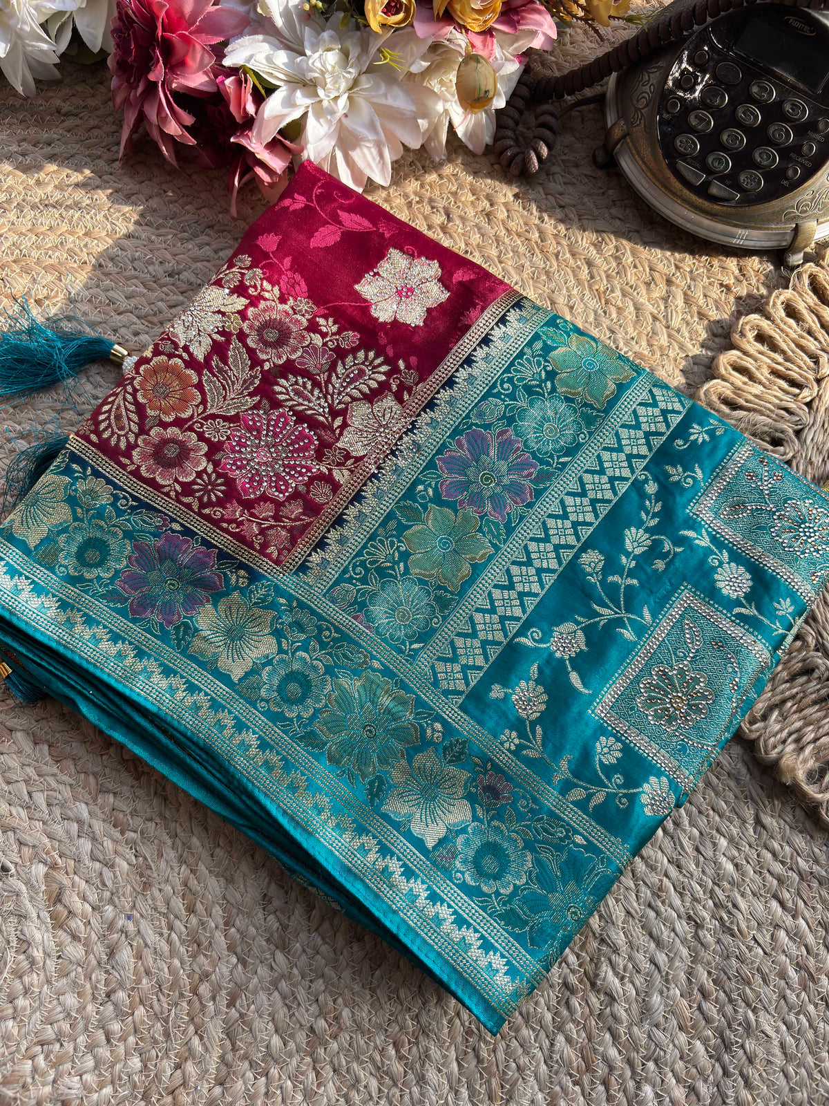 Wine & Teal Banarasi Silk Saree with Floral Zari Weaving