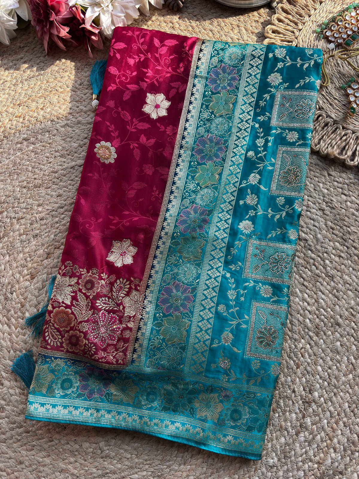 Wine & Teal Banarasi Silk Saree with Floral Zari Weaving