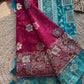 Wine & Teal Banarasi Silk Saree with Floral Zari Weaving