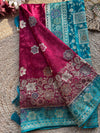 Wine & Teal Banarasi Silk Saree with Floral Zari Weaving