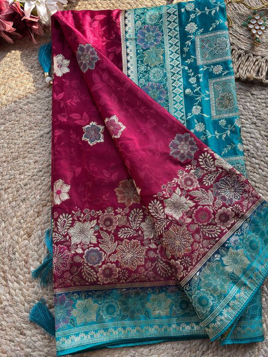 Wine & Teal Banarasi Silk Saree with Floral Zari Weaving