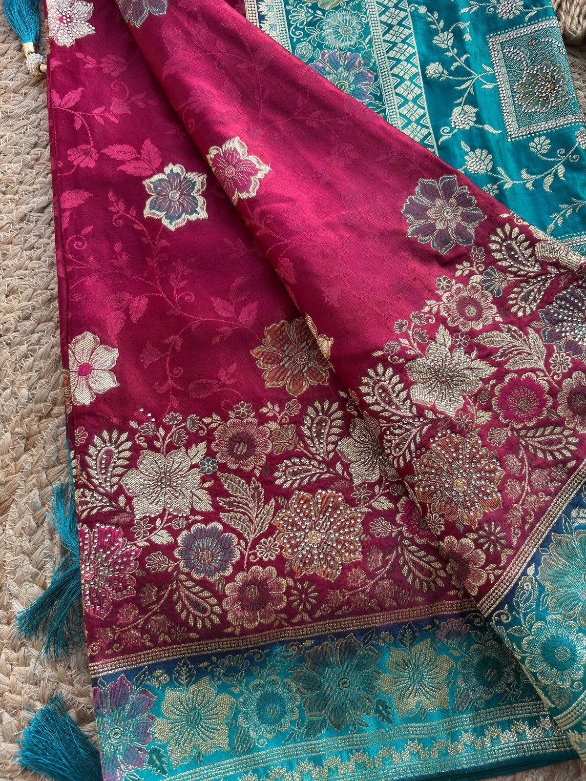 Wine & Teal Banarasi Silk Saree with Floral Zari Weaving