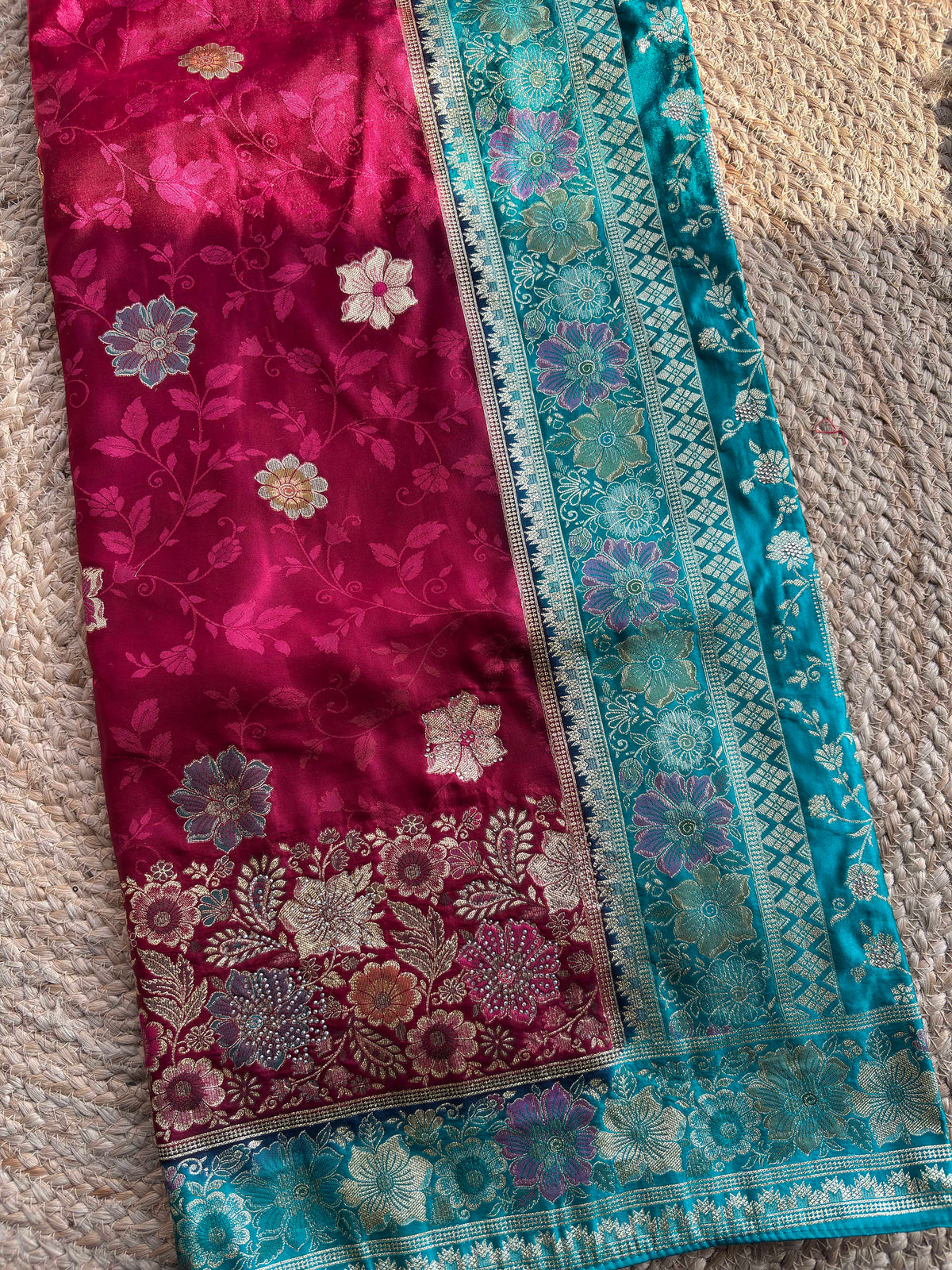 Wine & Teal Banarasi Silk Saree with Floral Zari Weaving