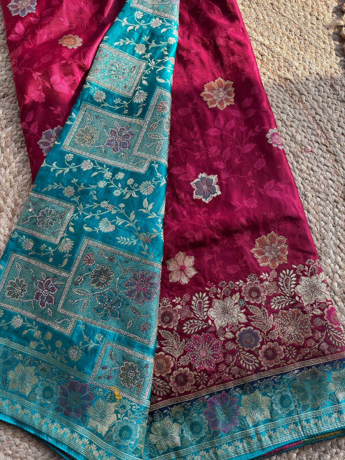 Wine & Teal Banarasi Silk Saree with Floral Zari Weaving