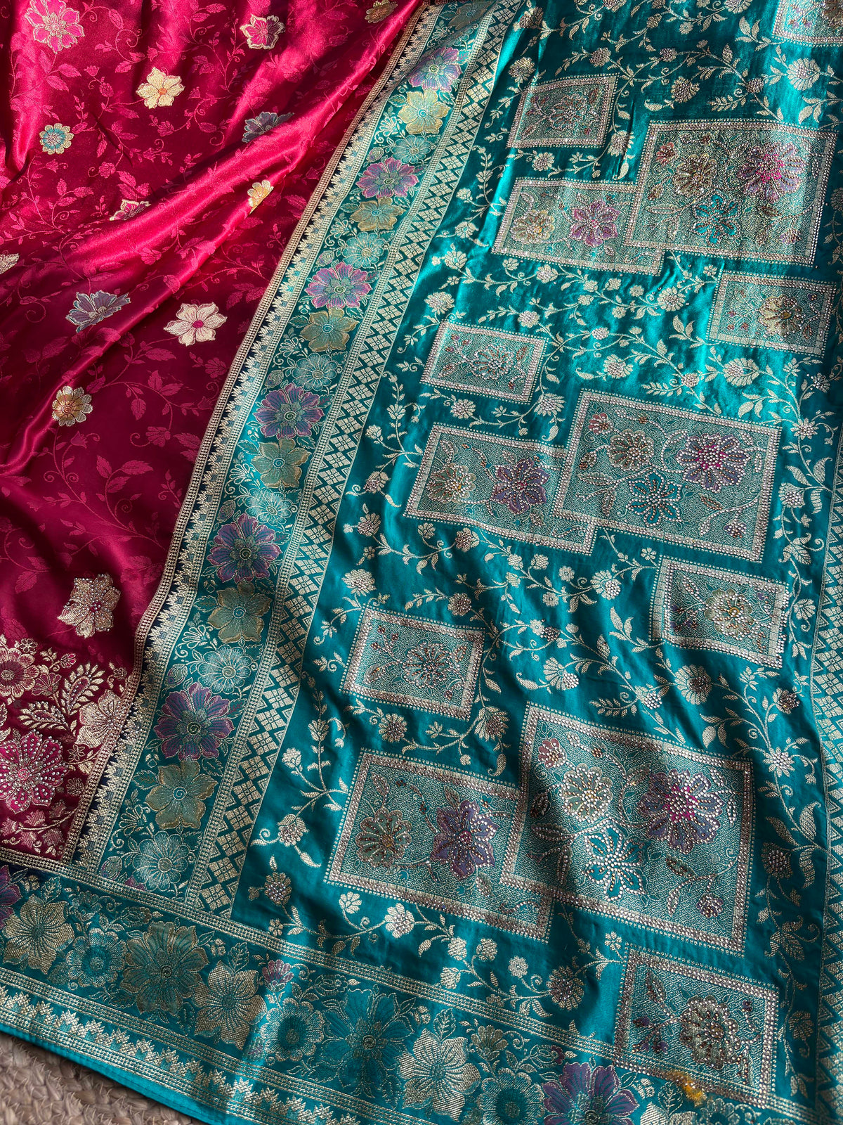 Wine & Teal Banarasi Silk Saree with Floral Zari Weaving