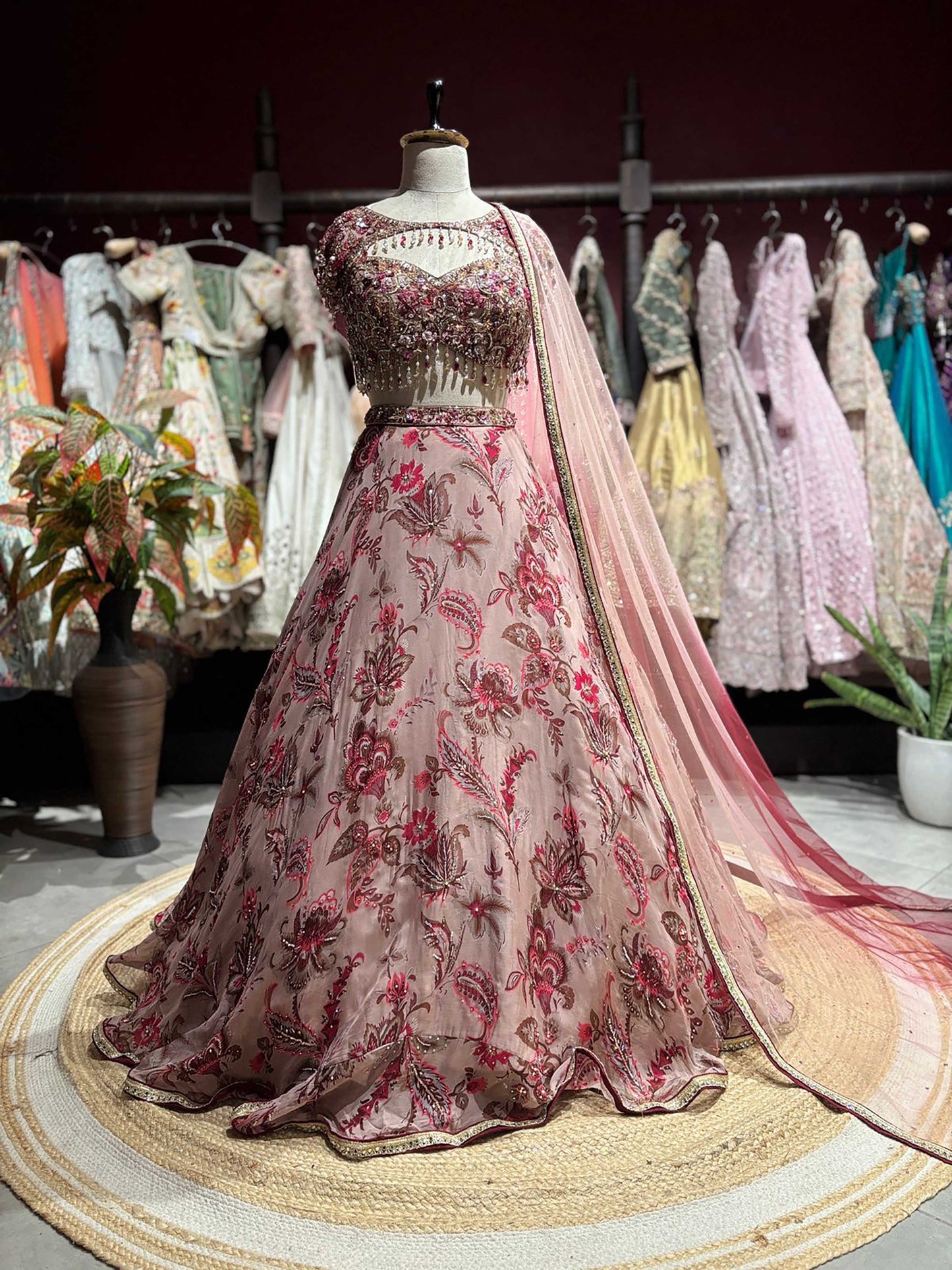 Blush Pink Floral Lehenga with Embellished Blouse & Sheer Dupatta