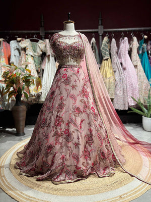 Blush Pink Floral Lehenga with Embellished Blouse & Sheer Dupatta
