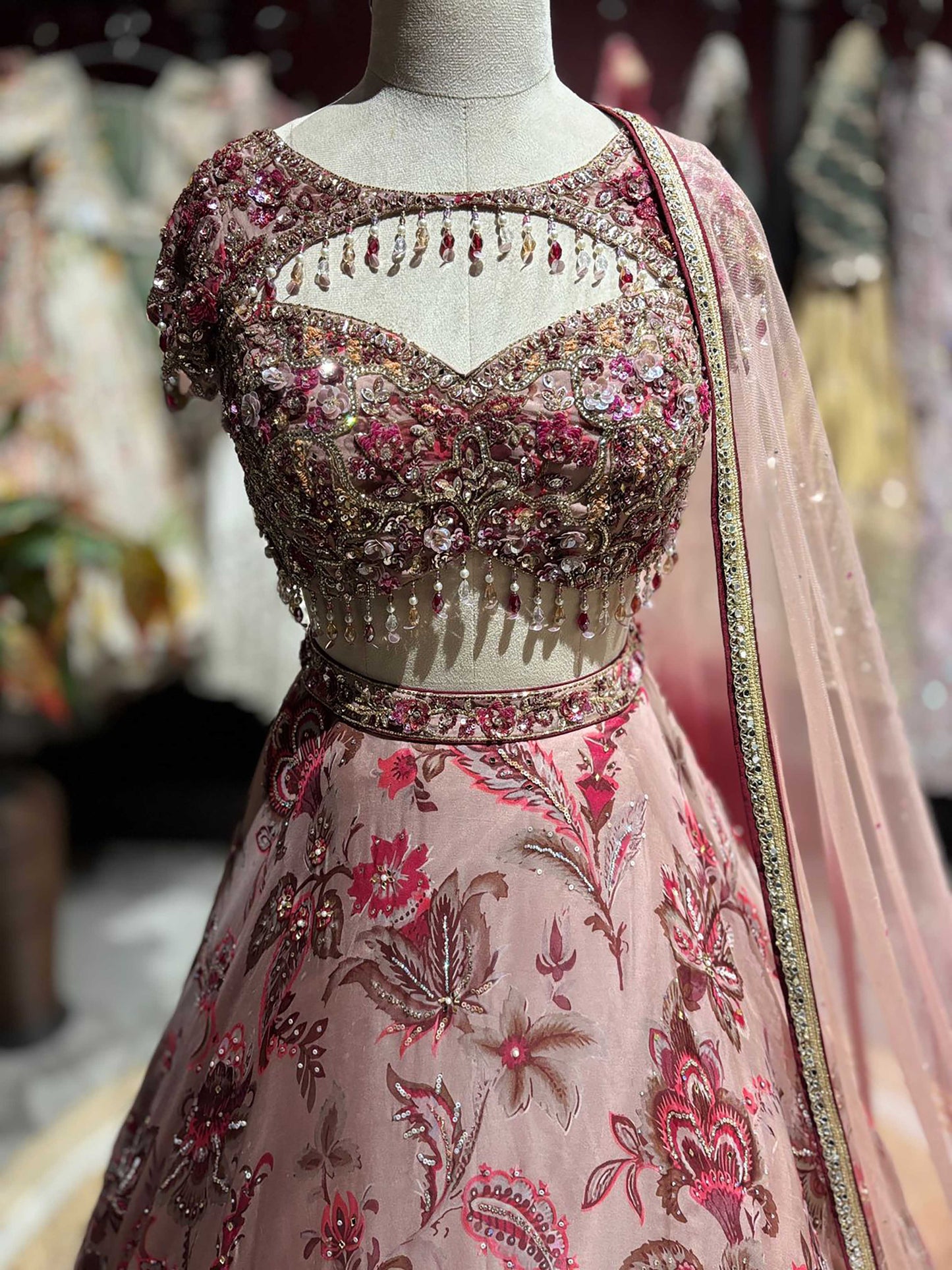 Blush Pink Floral Lehenga with Embellished Blouse & Sheer Dupatta