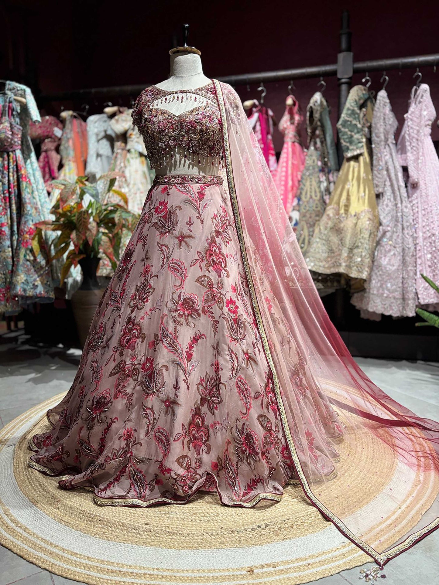 Blush Pink Floral Lehenga with Embellished Blouse & Sheer Dupatta