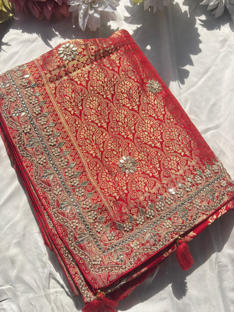 Red Banarasi Ho Silk Saree with Golden Floral Weaving