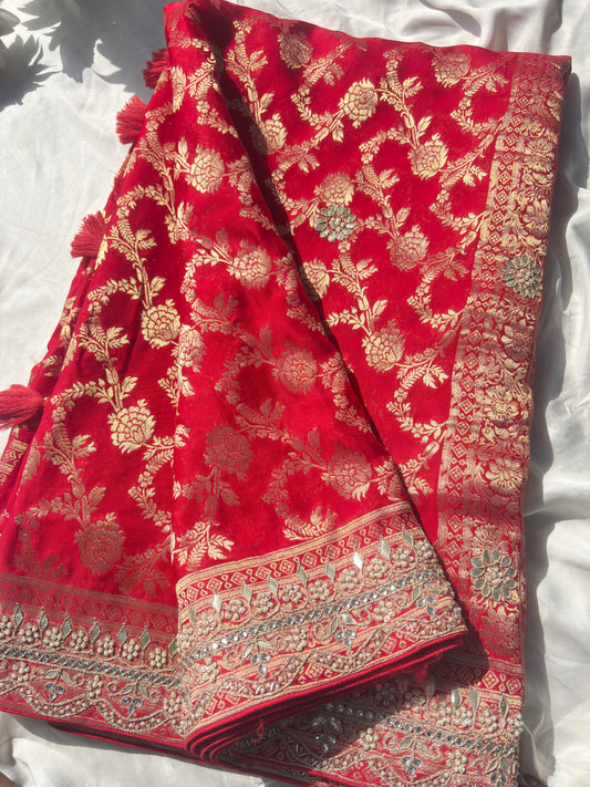 Red Banarasi Ho Silk Saree with Golden Floral Weaving