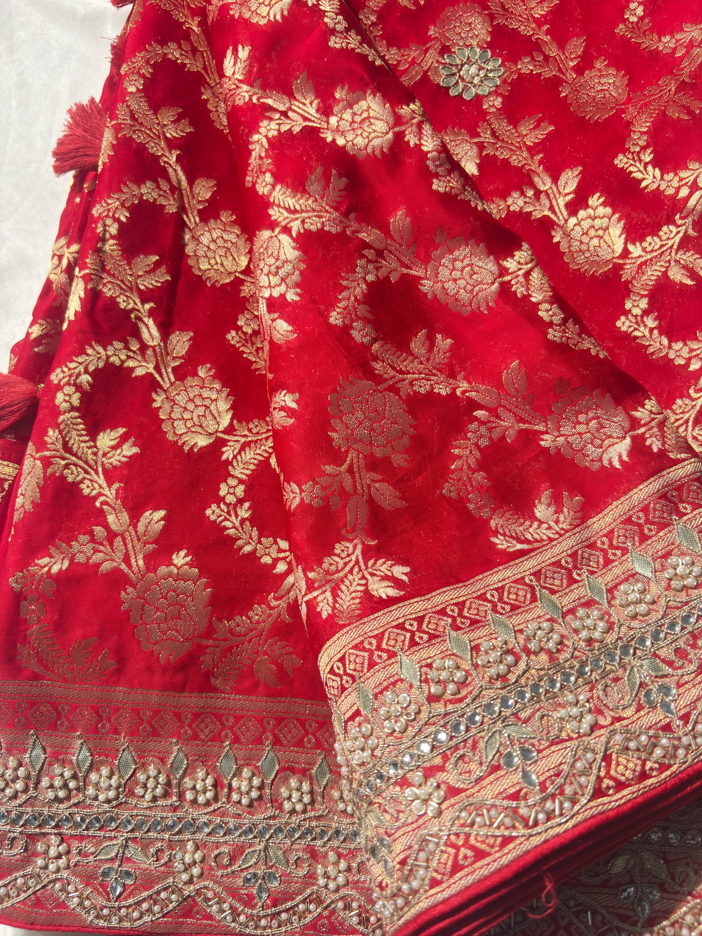Red Banarasi Ho Silk Saree with Golden Floral Weaving