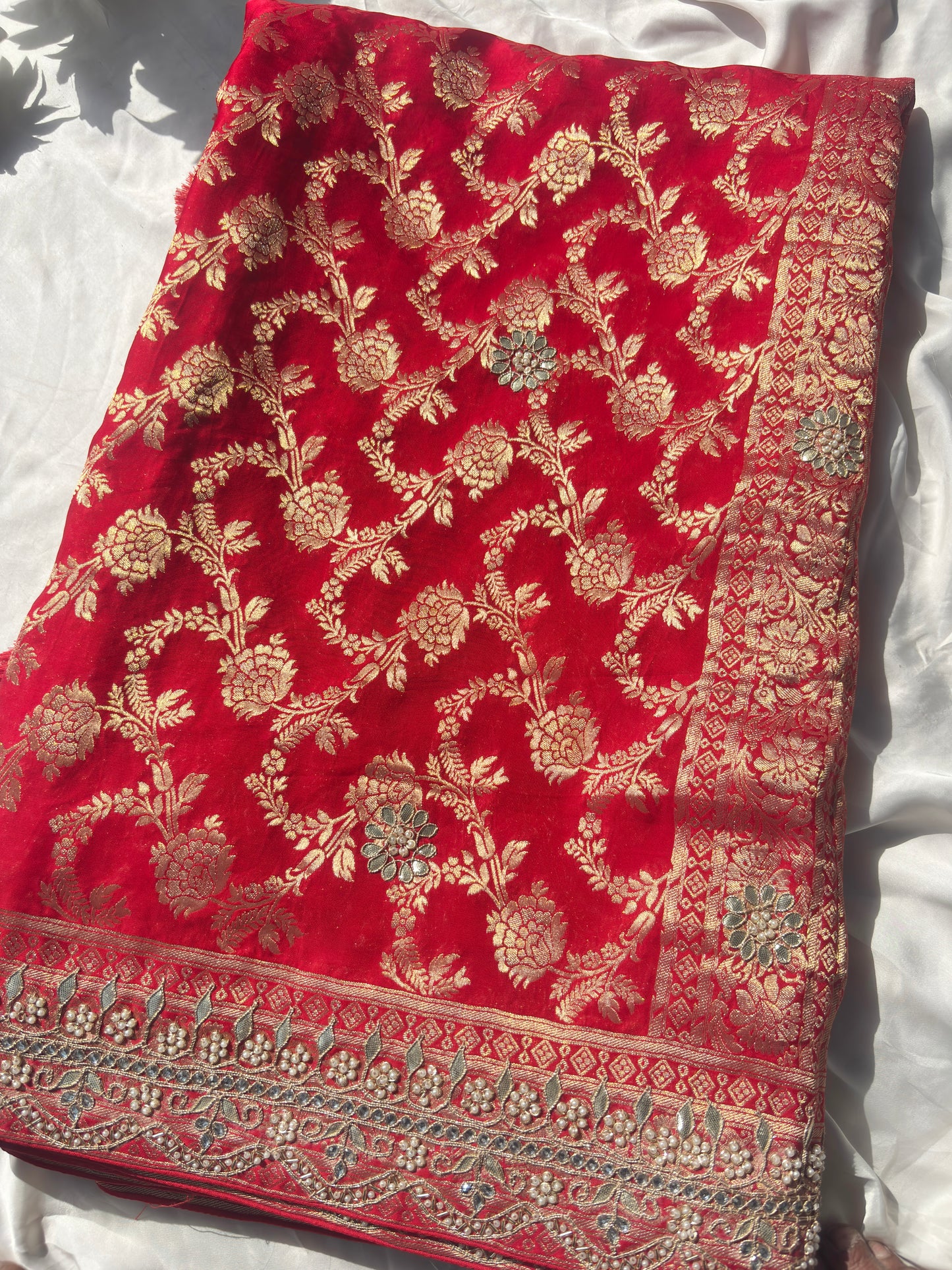 Red Banarasi Ho Silk Saree with Golden Floral Weaving