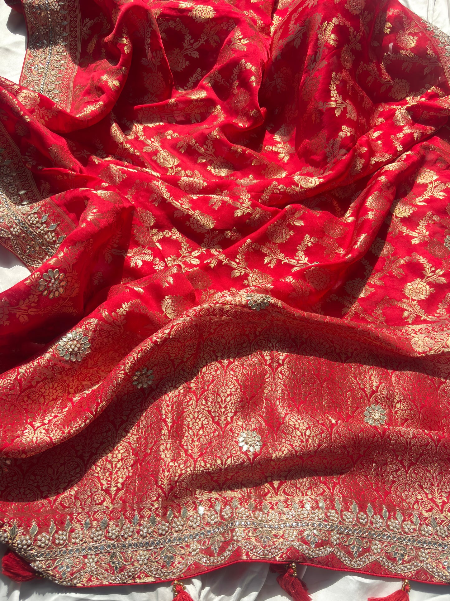 Red Banarasi Ho Silk Saree with Golden Floral Weaving