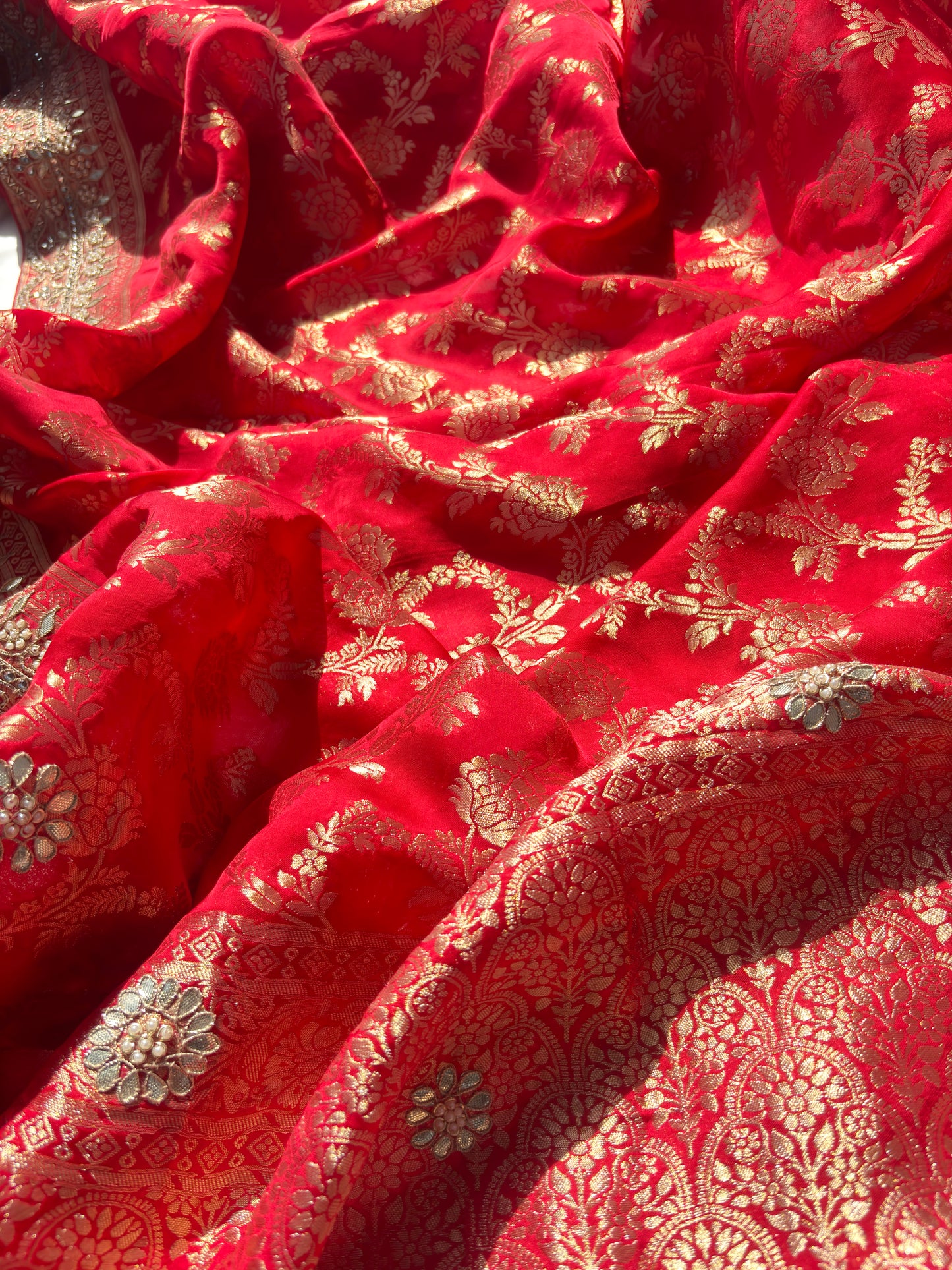 Red Banarasi Ho Silk Saree with Golden Floral Weaving