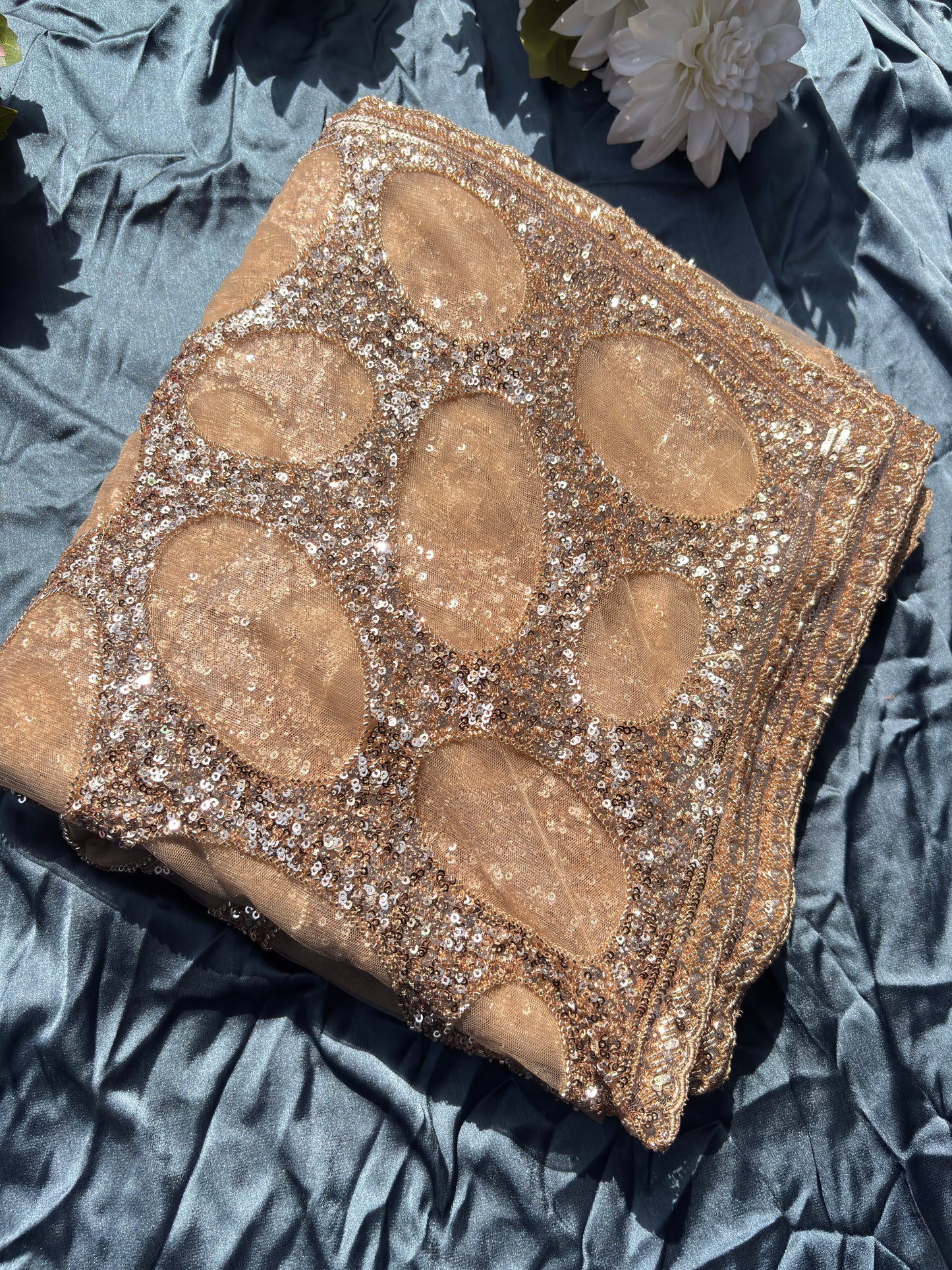 Golden Designer Saree Sequin Embroidery With Designer Blouse