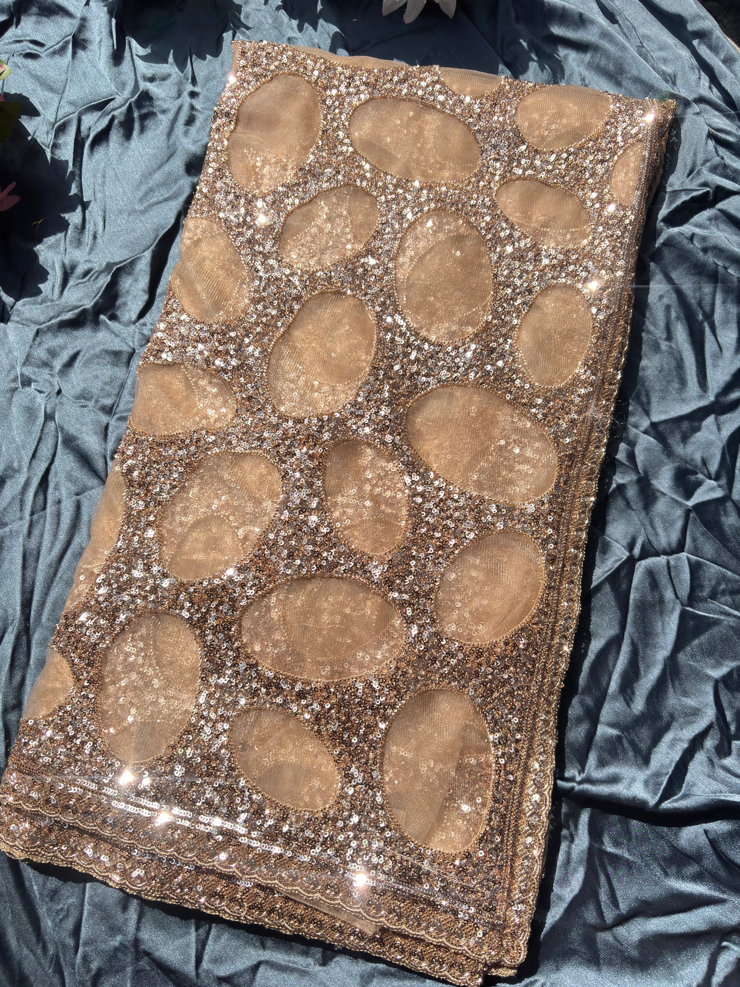 Golden Designer Saree Sequin Embroidery With Designer Blouse