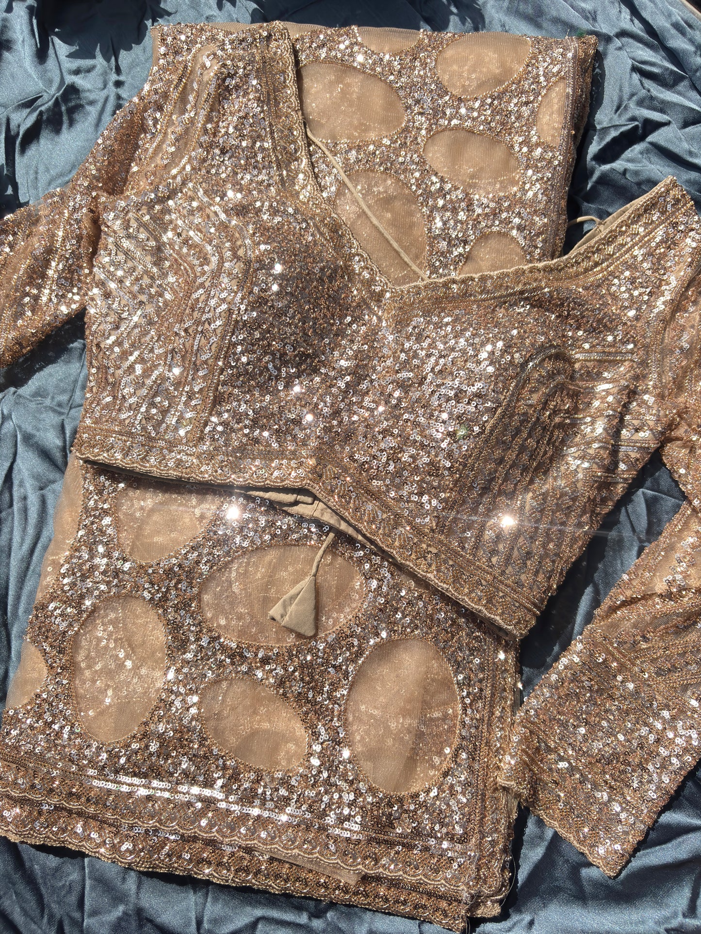 Golden Designer Saree Sequin Embroidery With Designer Blouse