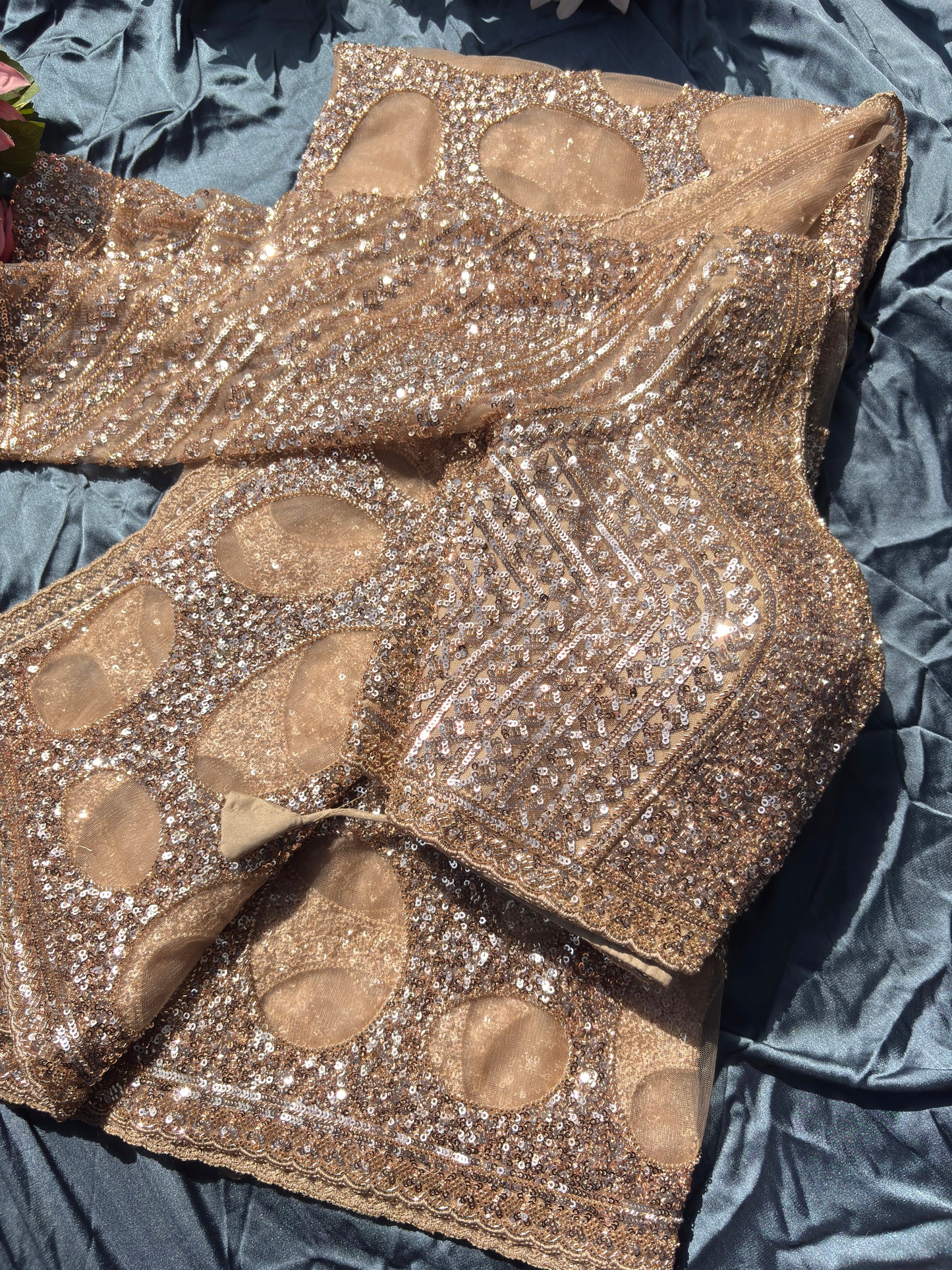 Golden Designer Saree Sequin Embroidery With Designer Blouse