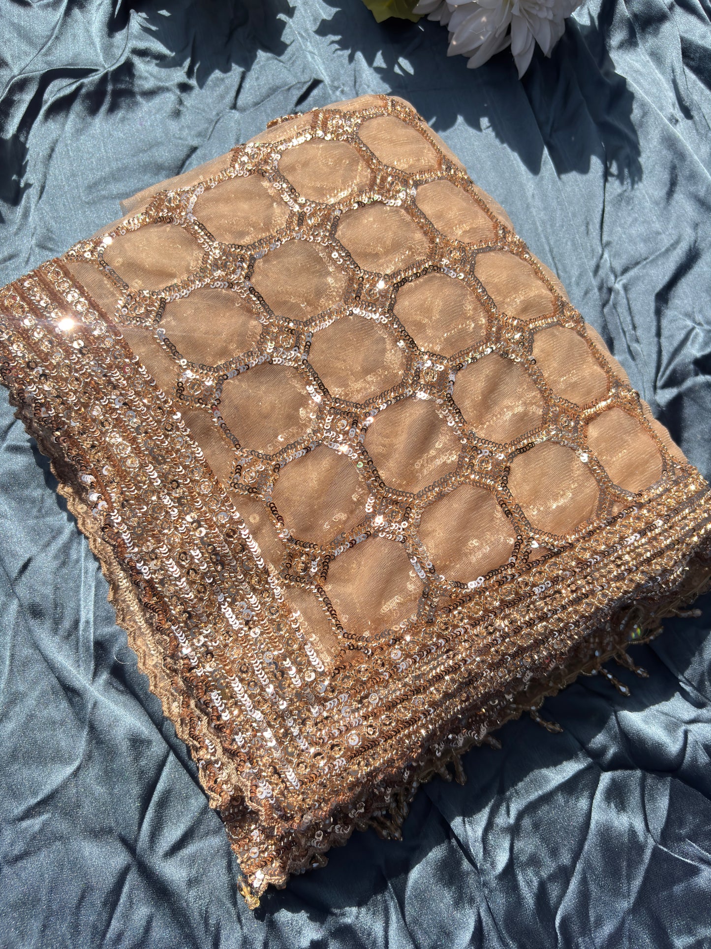 Deisgner Golden Saree Geometric Embroidery With Designer Blouse