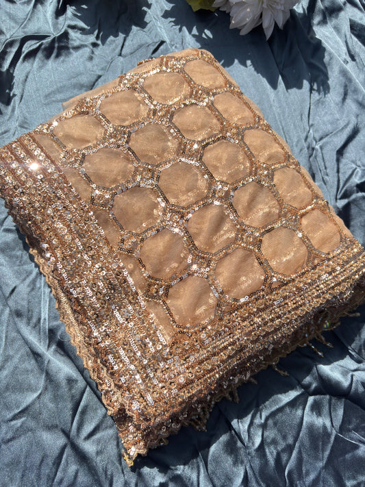 Deisgner Golden Saree Geometric Embroidery With Designer Blouse