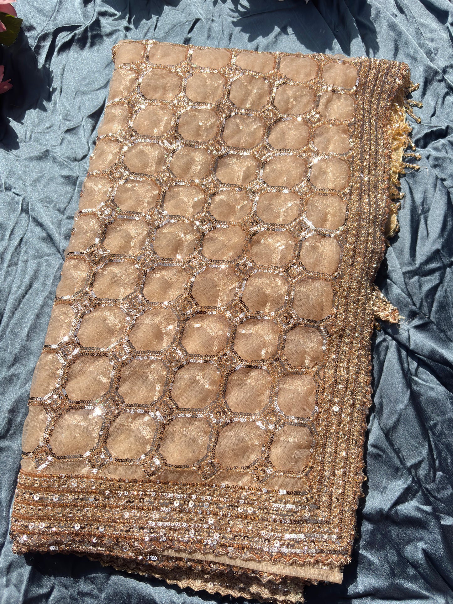 Deisgner Golden Saree Geometric Embroidery With Designer Blouse