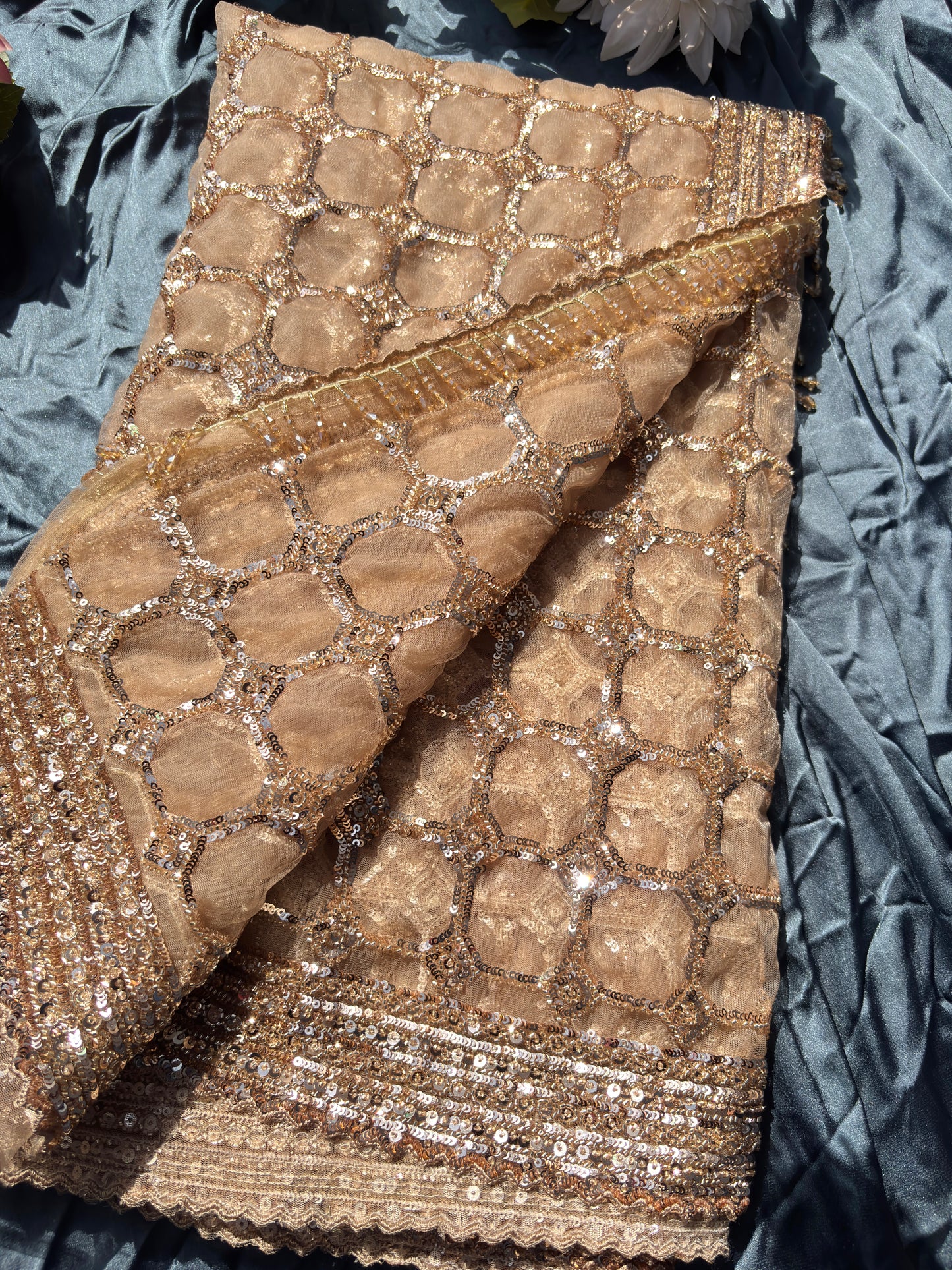 Deisgner Golden Saree Geometric Embroidery With Designer Blouse