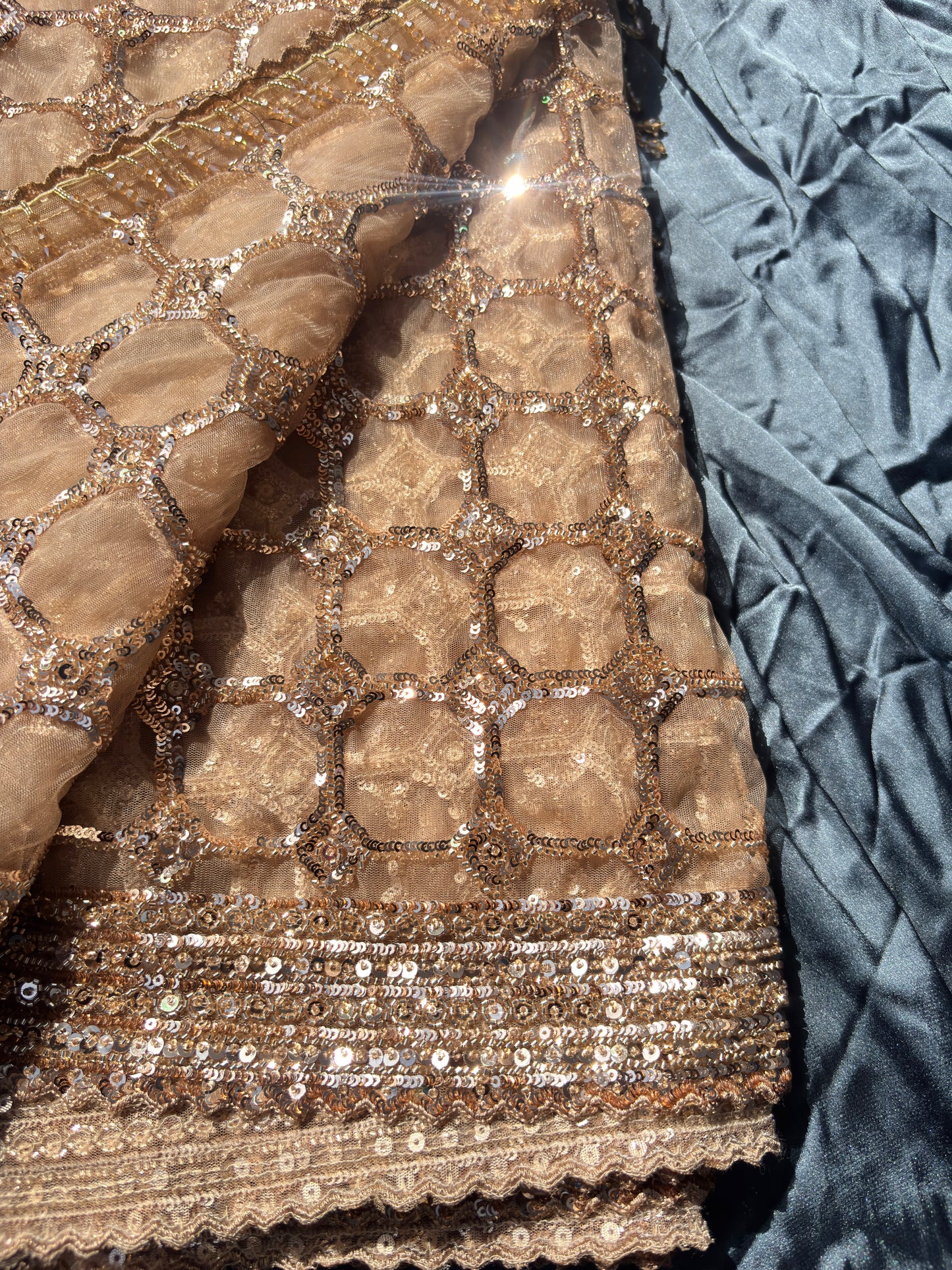 Deisgner Golden Saree Geometric Embroidery With Designer Blouse