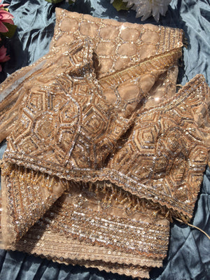 Deisgner Golden Saree Geometric Embroidery With Designer Blouse