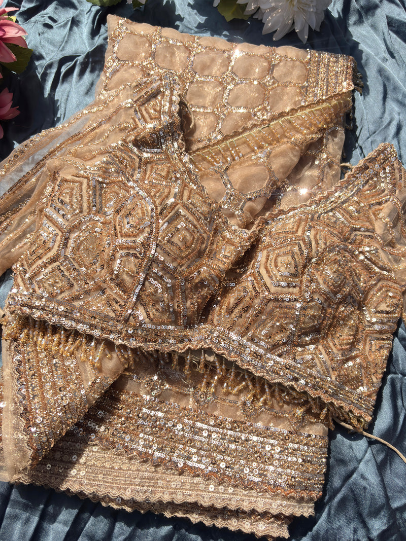 Deisgner Golden Saree Geometric Embroidery With Designer Blouse