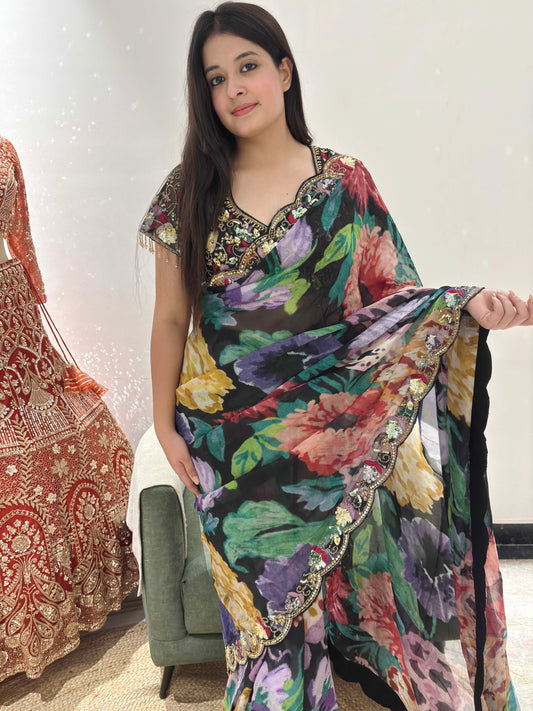 Midnight Bloom Floral Saree With Intricate Border Detailing