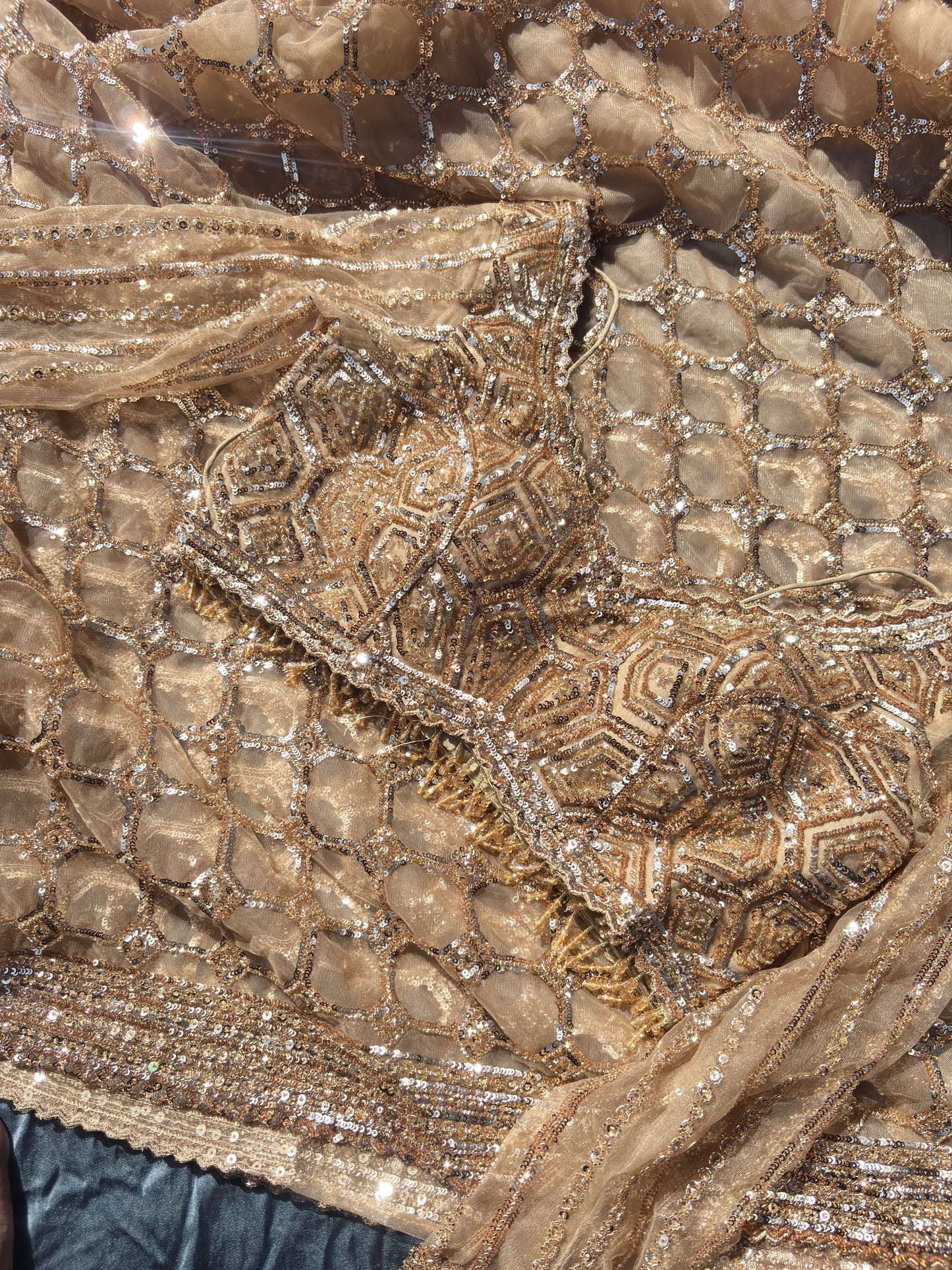 Deisgner Golden Saree Geometric Embroidery With Designer Blouse