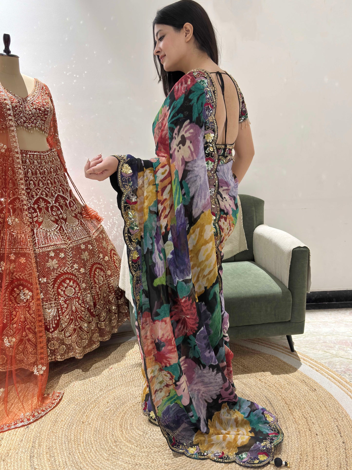 Midnight Bloom Floral Saree With Intricate Border Detailing