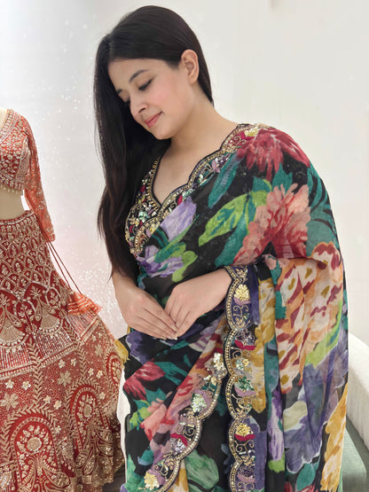 Midnight Bloom Floral Saree With Intricate Border Detailing