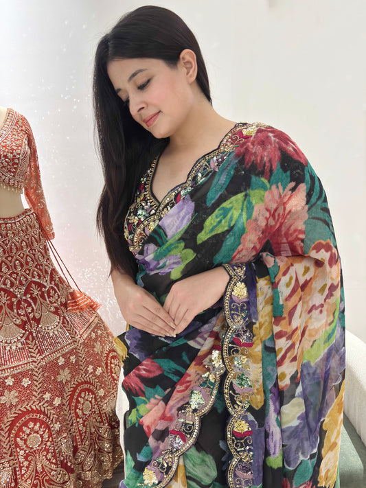 Midnight Bloom Floral Saree With Intricate Border Detailing