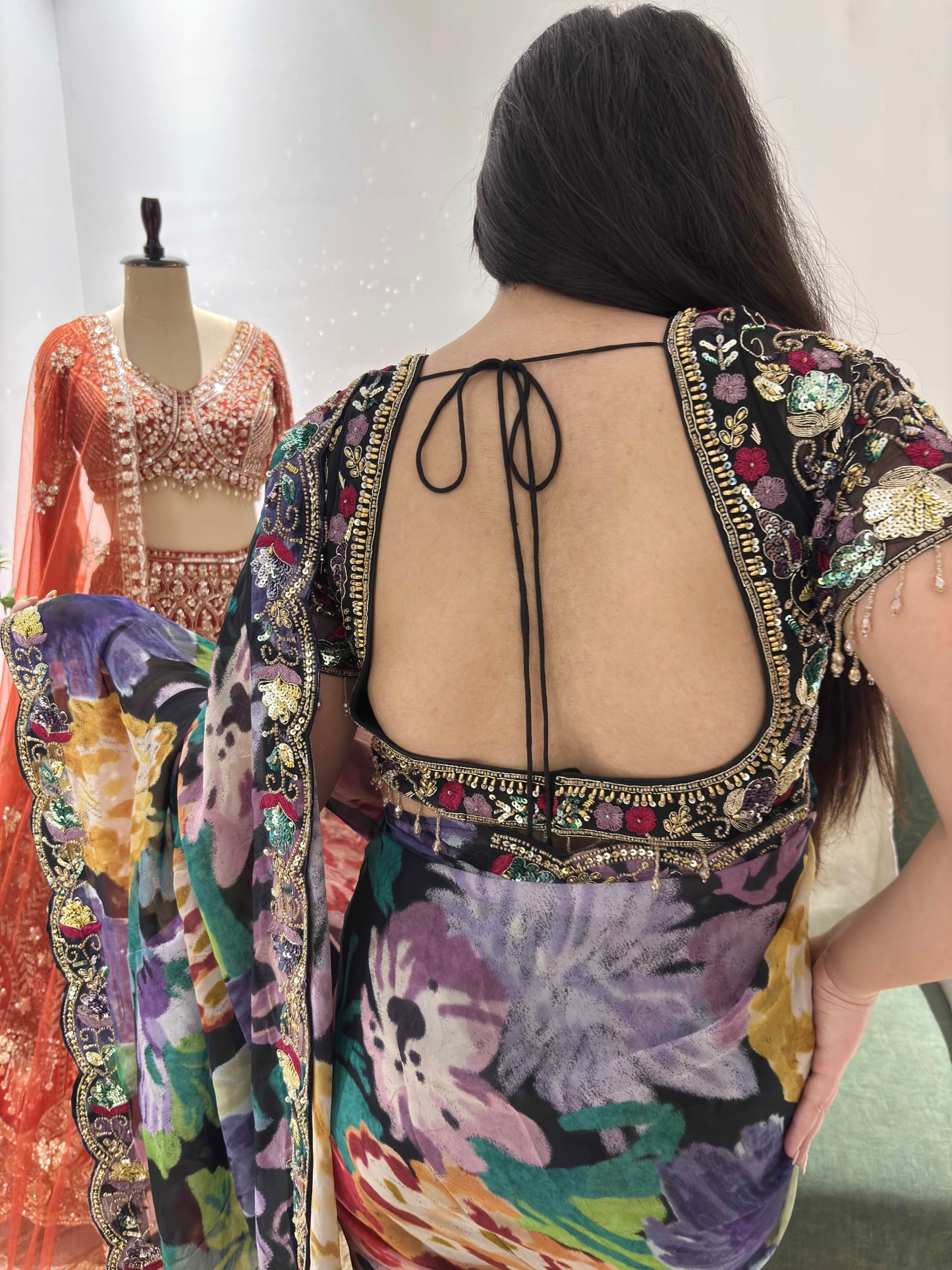 Midnight Bloom Floral Saree With Intricate Border Detailing