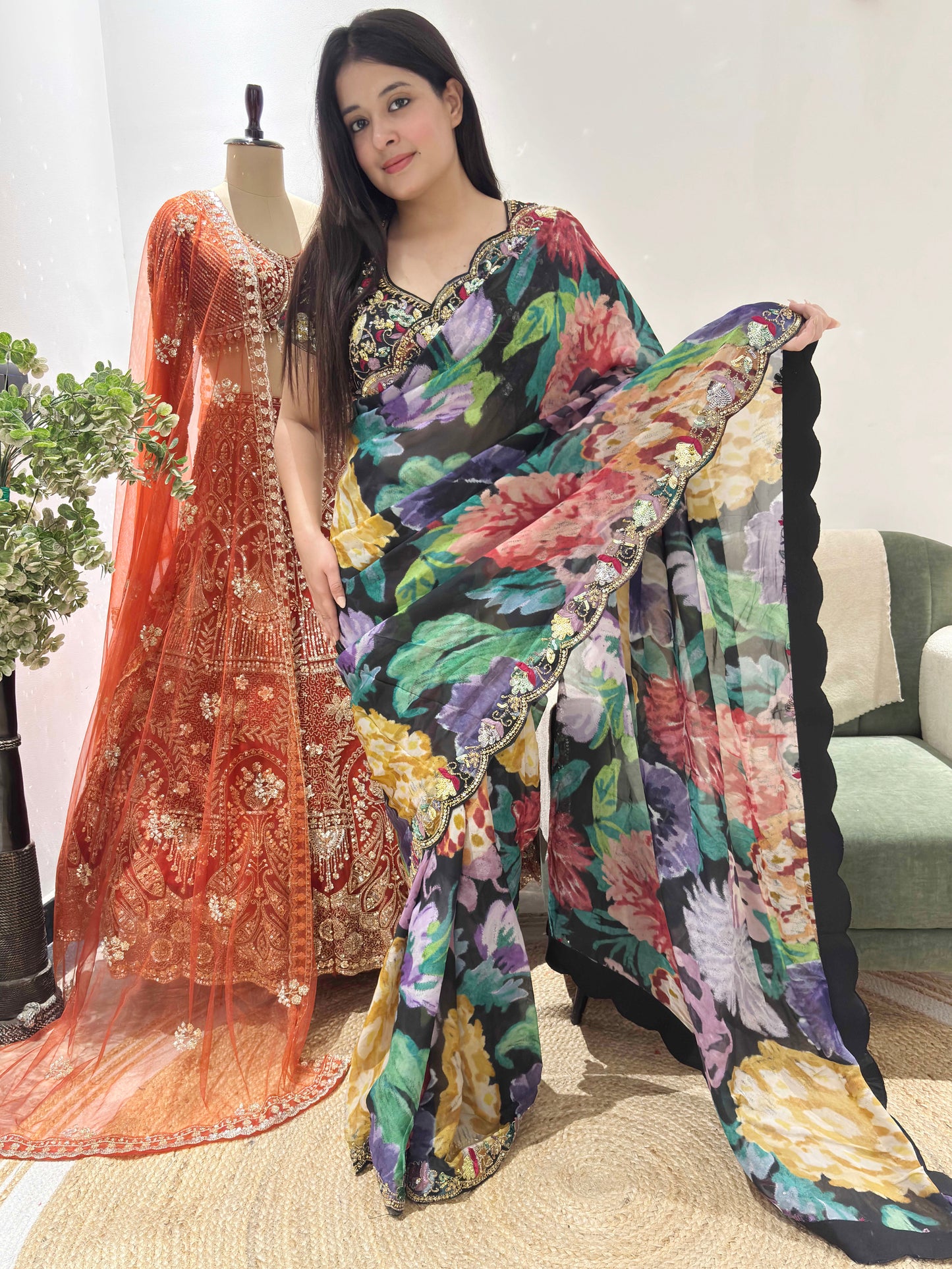 Midnight Bloom Floral Saree With Intricate Border Detailing